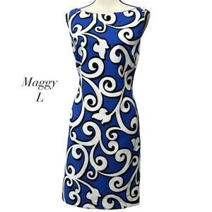 Maggy L Blue Black White Open Back Sleeveless Sheath Dress NWT Size 10 FLAW